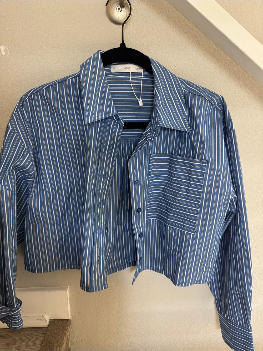Mango Blue and White Striped Cropped Button-Down Shirt